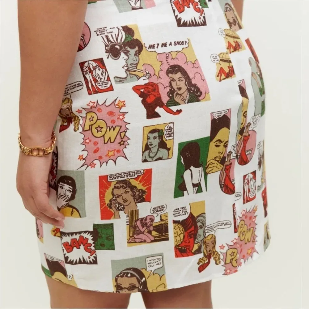 Reformation Comic Print linen Mini Skirt - Multicolor, US4